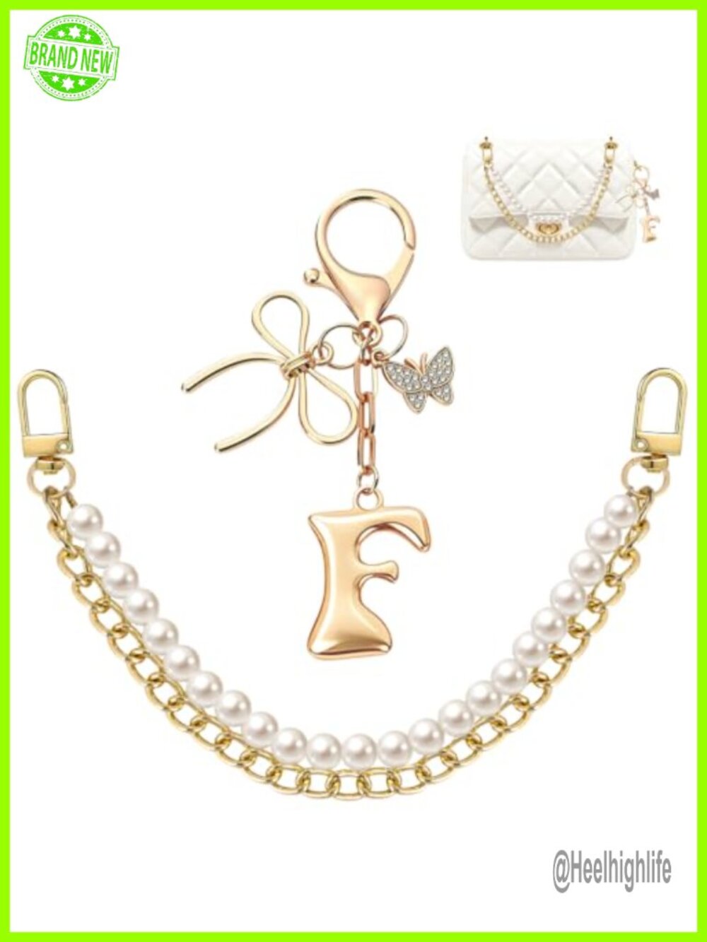 Gold Bubble Initial Keychain, Bow Butterfly Bag Charm with Pearl Chain - Purse